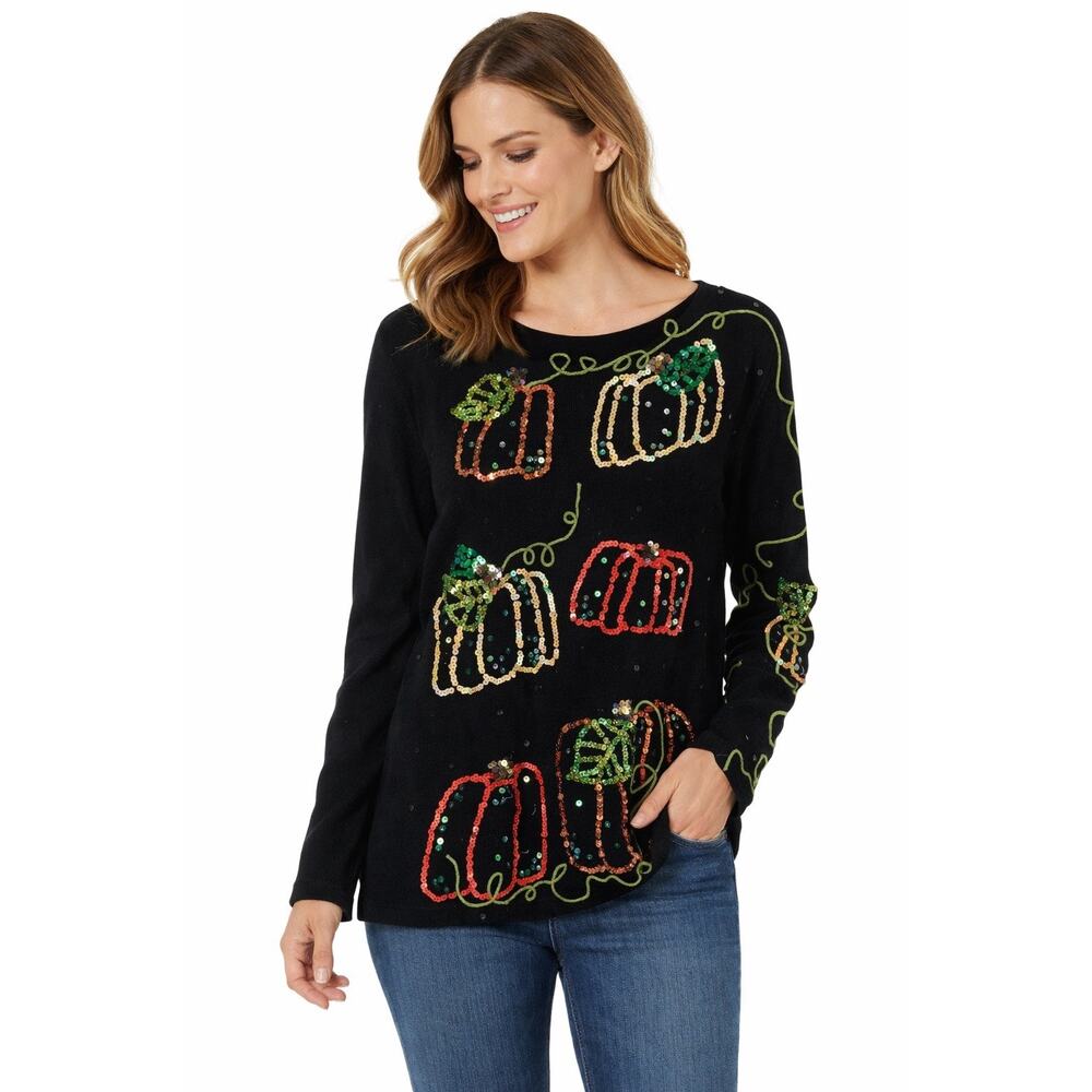 Belle Pointe Vintage Pumpkin Sequin Sweater Art to Wear 3D Knit Womens Size XL
